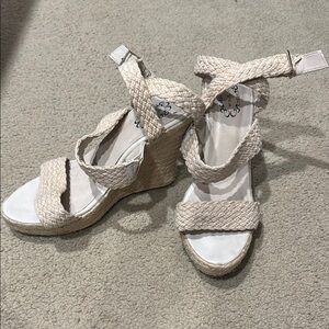 N.Y.L.A. Cream Wedge Sandals with Textured Straps